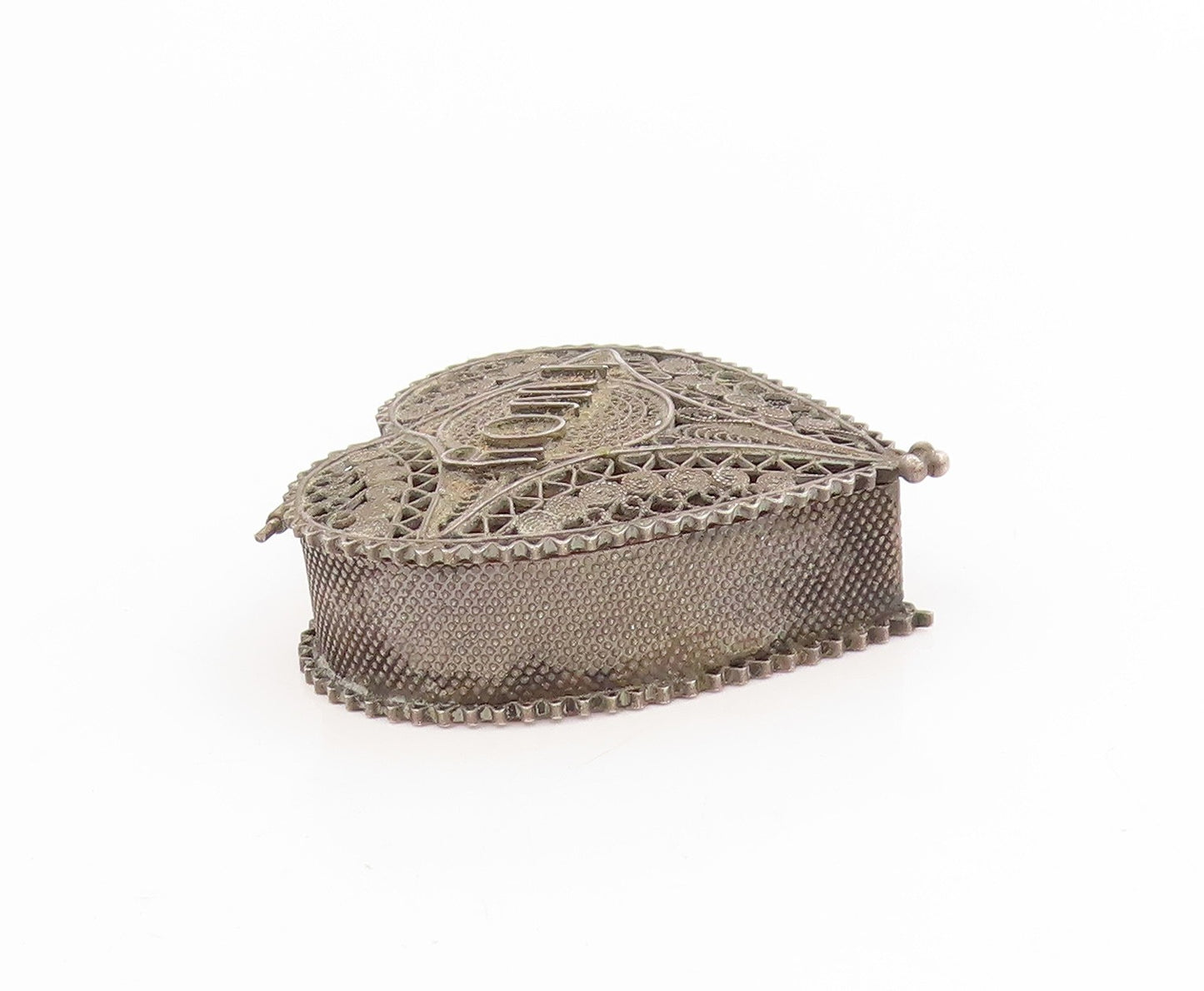 925 Sterling Silver Vintage Trinket Box Antique Love Heart Filigree OPENS TR4197