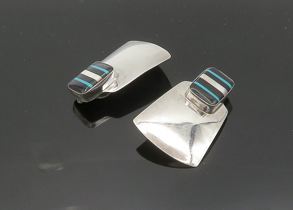 LEONARD NEZ NAVAJO 925 Silver  Vintage Black Onyx Non Pierce Earrings  EG9978