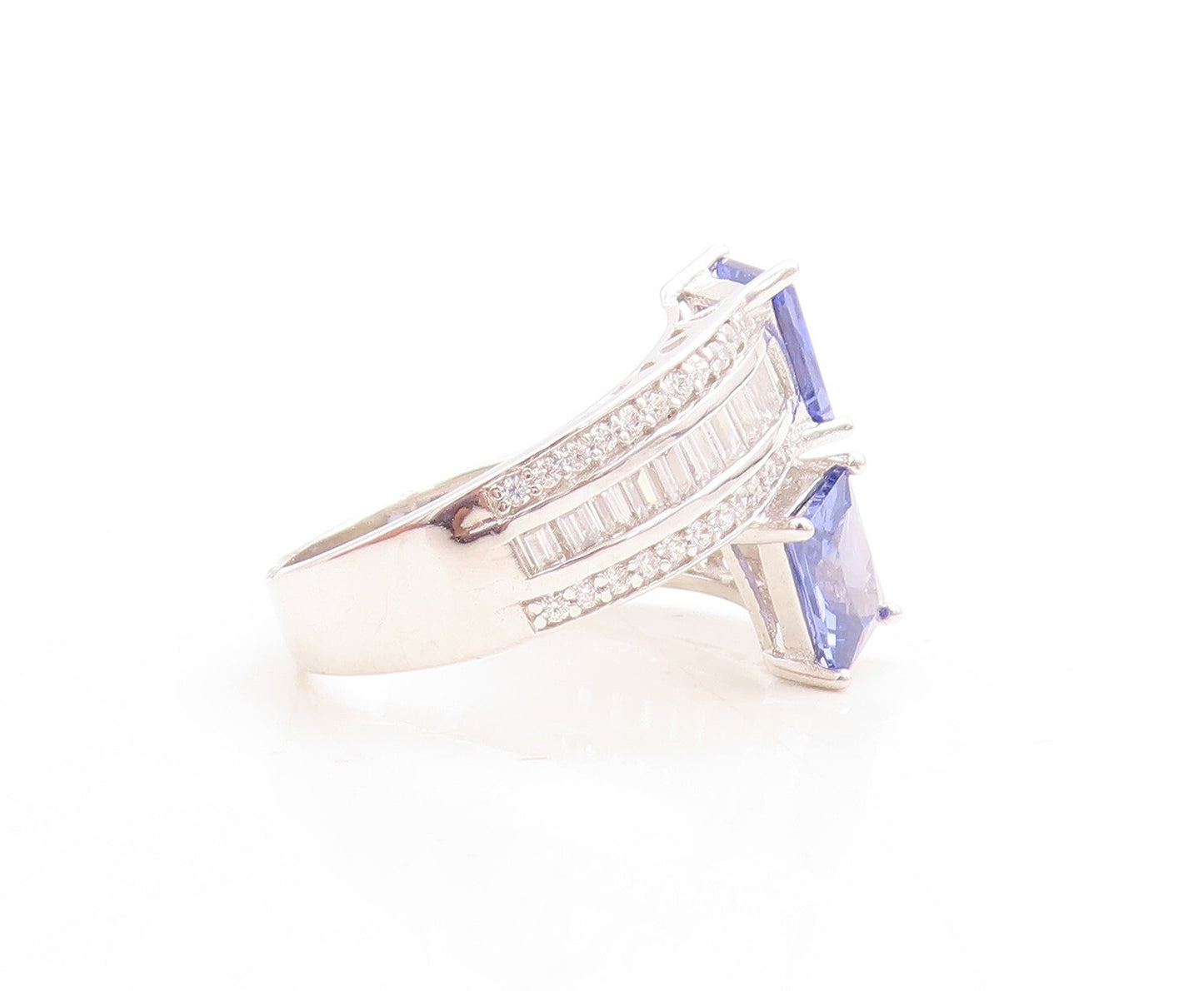 925 Sterling Silver Vintage Ring Blue & White CZ Bypass Inlay  Sz 7.5  RG30088