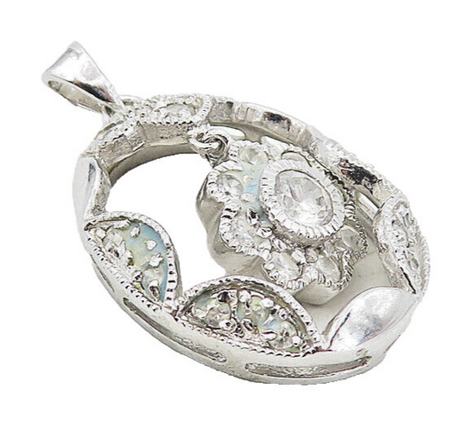 925 Sterling Silver  Vintage Cubic Zirconia Dangling Flower Pendant  PT6282