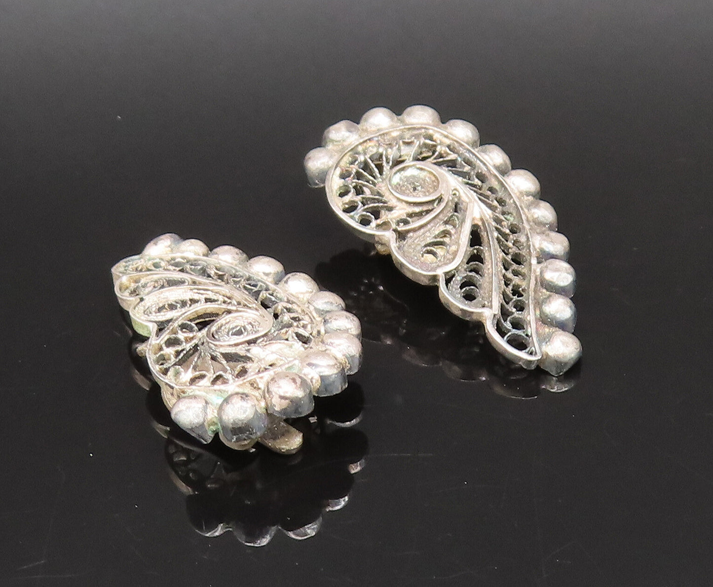925 Silver  Vintage Antique Beaded & Filigree Swirl Clip Back Earrings EG12264