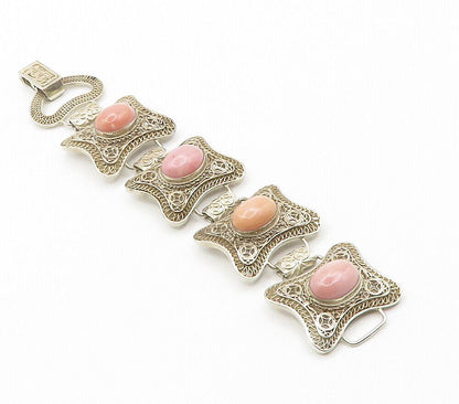 925 Sterling Silver Vintage Cabochon Cut Rhodochrosite Chain Bracelet BT5977