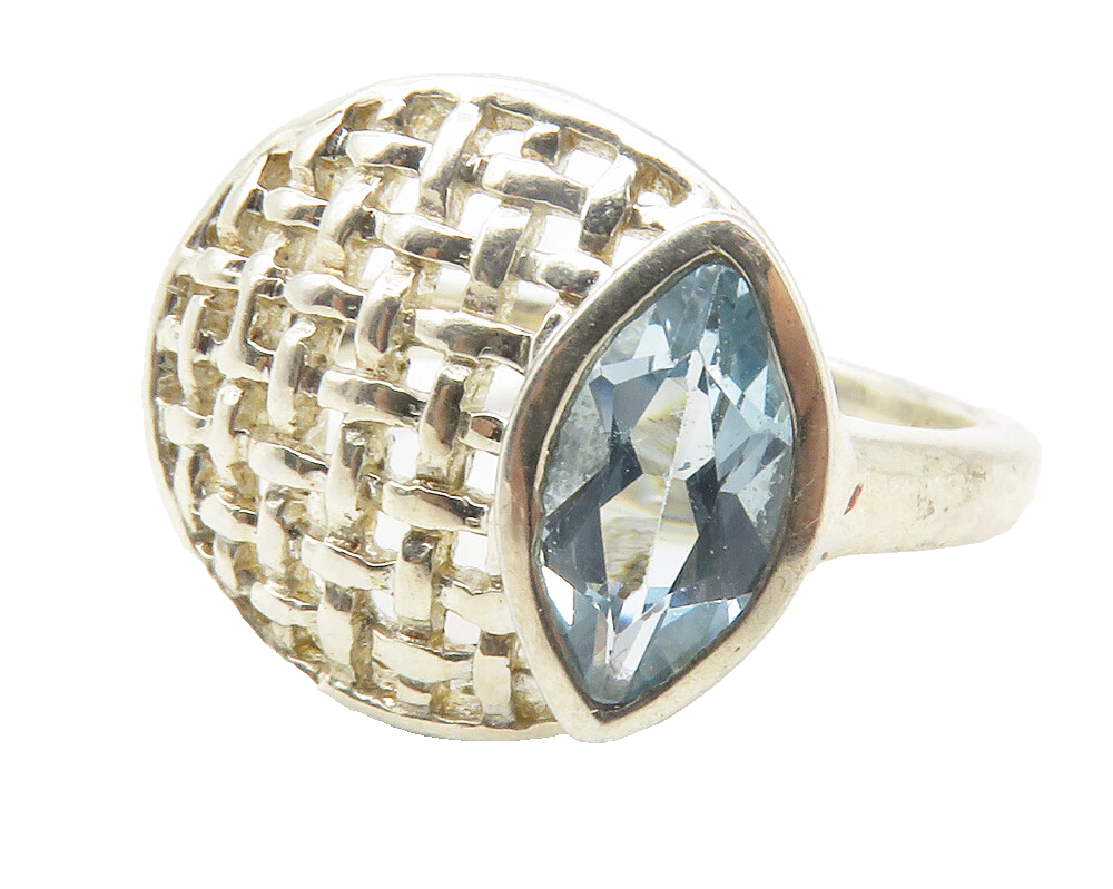 925 Sterling Silver  Marquise Blue Topaz Basket Weave Band Ring Sz 7  RG11815