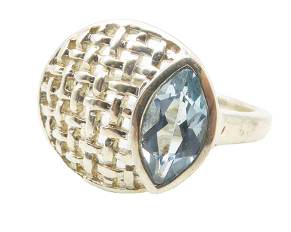 925 Sterling Silver  Marquise Blue Topaz Basket Weave Band Ring Sz 7  RG11815