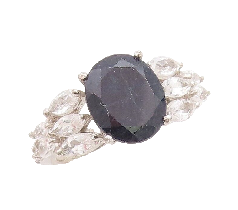 925 Sterling Silver Vintage Ring Oval Cut Sapphire Marquise Topaz Sz 7.5 RG29182