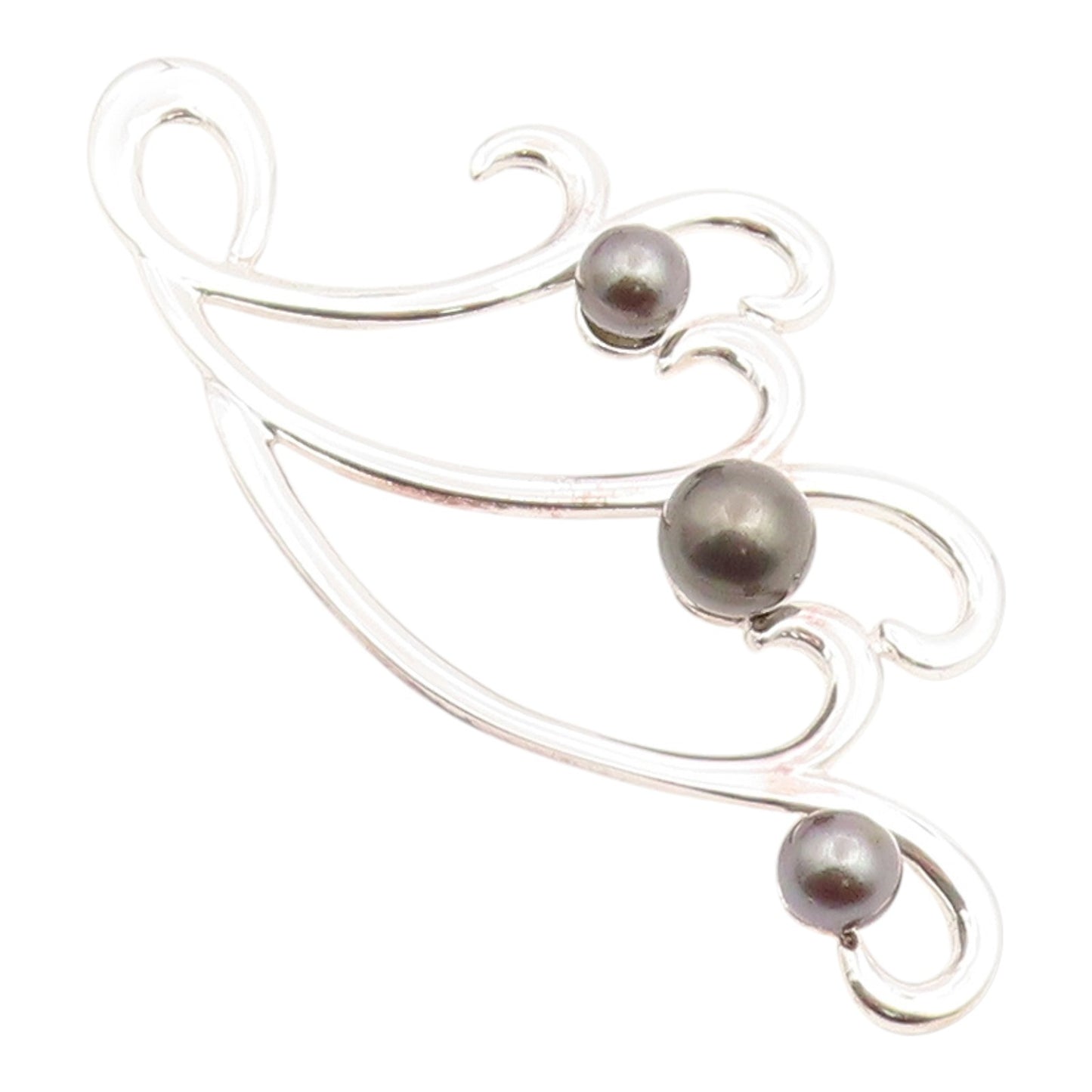 925 Sterling Silver Vintage Pendant Round Pearl Modernist Swirly Waves  PT26039