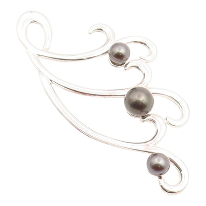 925 Sterling Silver Vintage Pendant Round Pearl Modernist Swirly Waves  PT26039