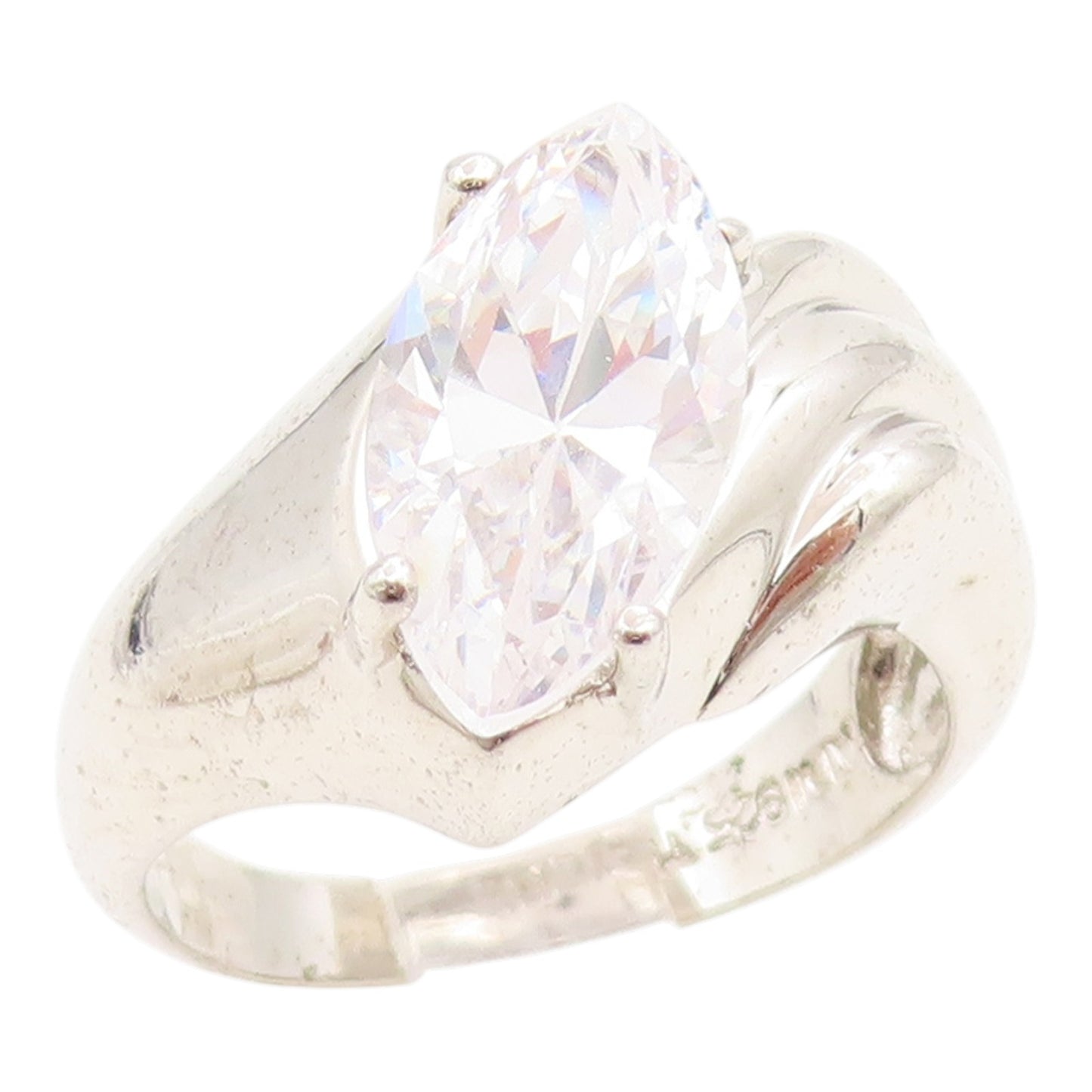 925 Sterling Silver Vintage Ring Marquise Cut CZ Ribbed Wave Band  Sz 7  RG35762