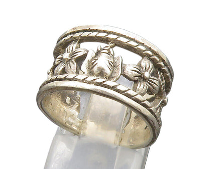 925 Silver  Vintage Flowers & Elephant Cut Out Band Ring Sz 6.5  RG24370