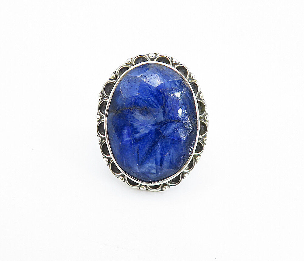 925 Sterling Silver Faceted Sodalite Circle Border Cocktail Ring Sz 6 RG8075