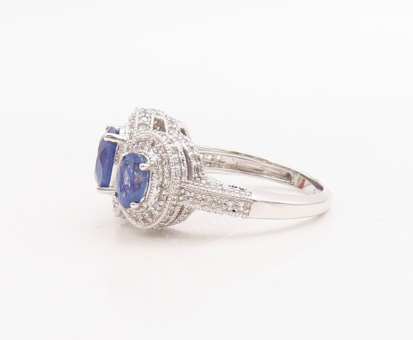 925 Sterling Silver Vintage Ring Oval Sapphire Halo CZ Inlay  Sz 7  RG30743
