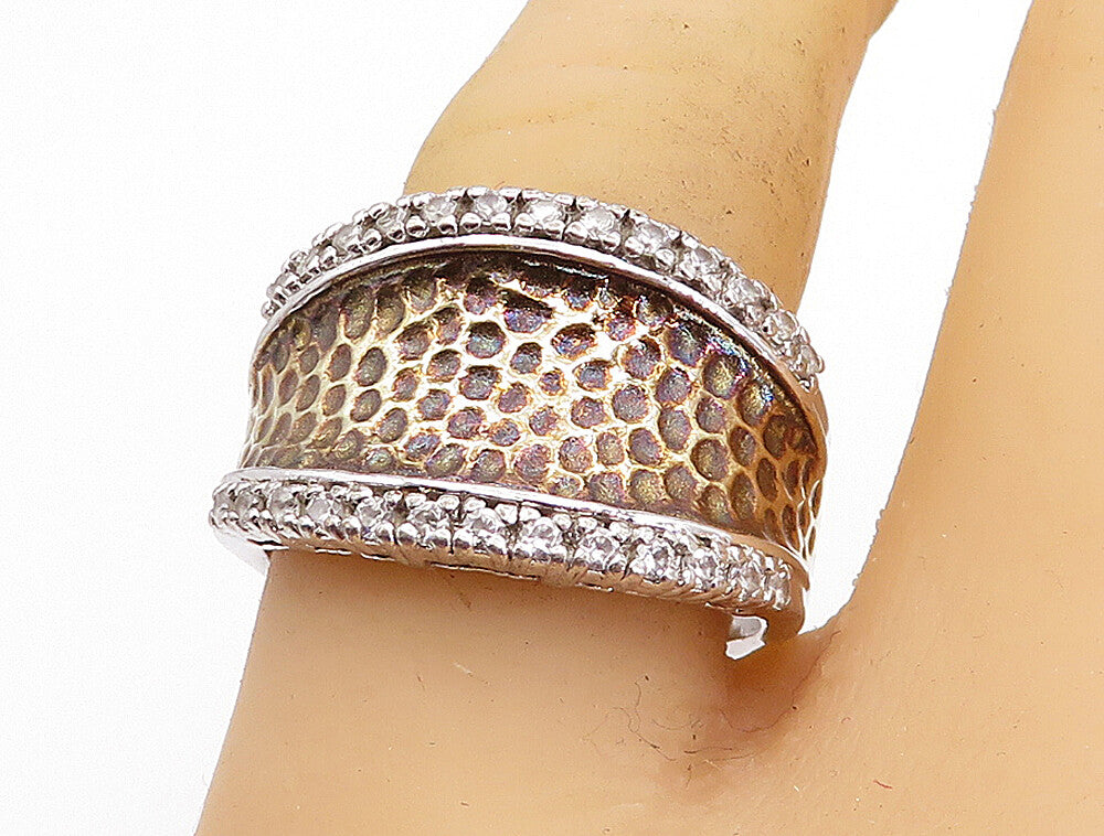 ESPO 925 Sterling Silver  Vintage Topaz 2 Tone Hammered Band Ring Sz 9  RG4839