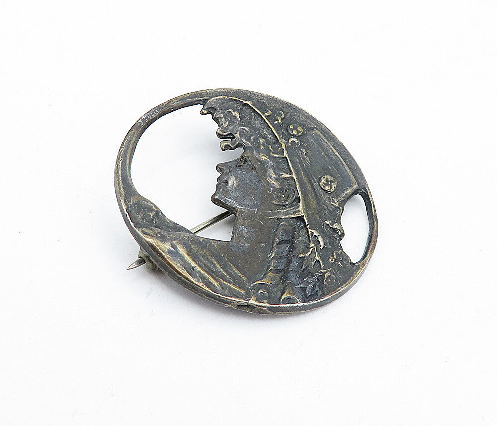 925 Sterling Silver Vintage Oxidized Woman's Profile Round Brooch Pin BP1622
