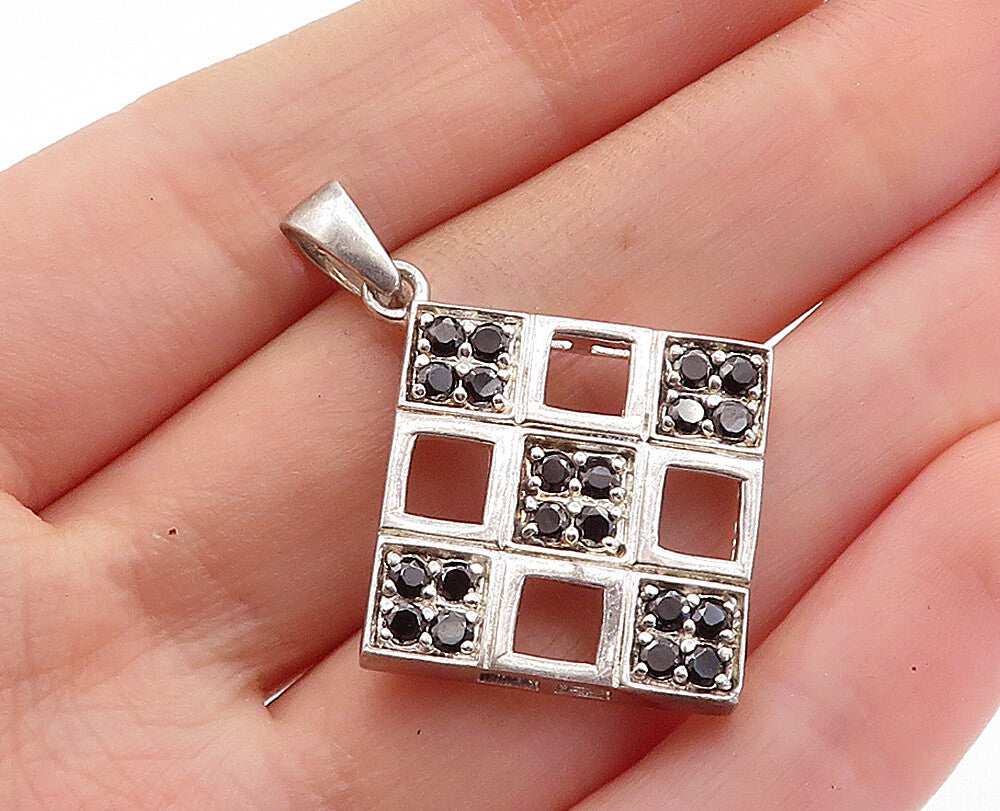 925 Sterling Silver  Vintage Black Hematite Square Grid Design Pendant  PT4588