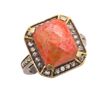 925 Sterling Silver Vintage Ring Orange Gemstone Halo Diamonds  Sz 7  RG29216