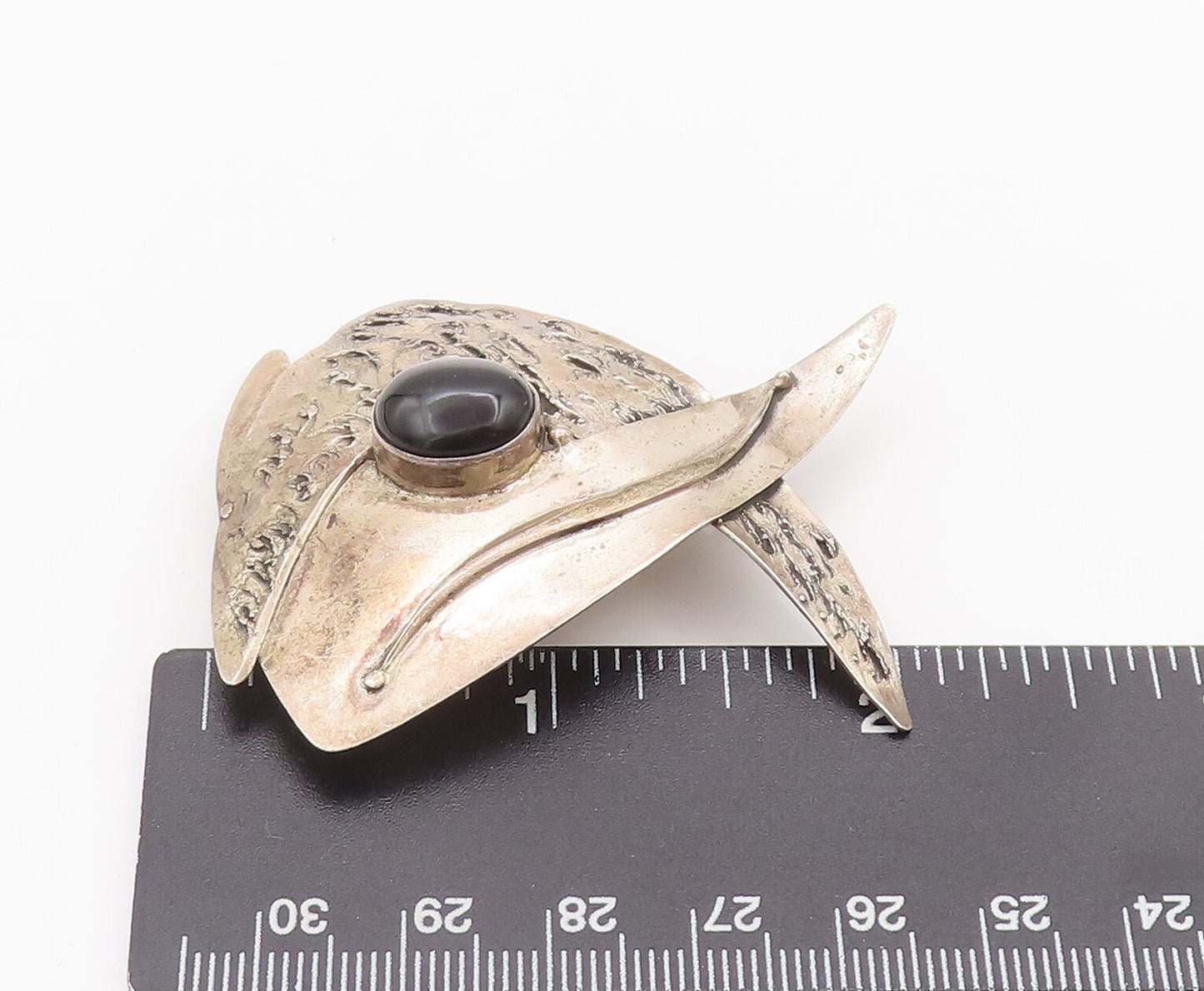 925 Sterling Silver Vintage Brooch Pin Designer Scratched Cabochon Onyx  BP10719