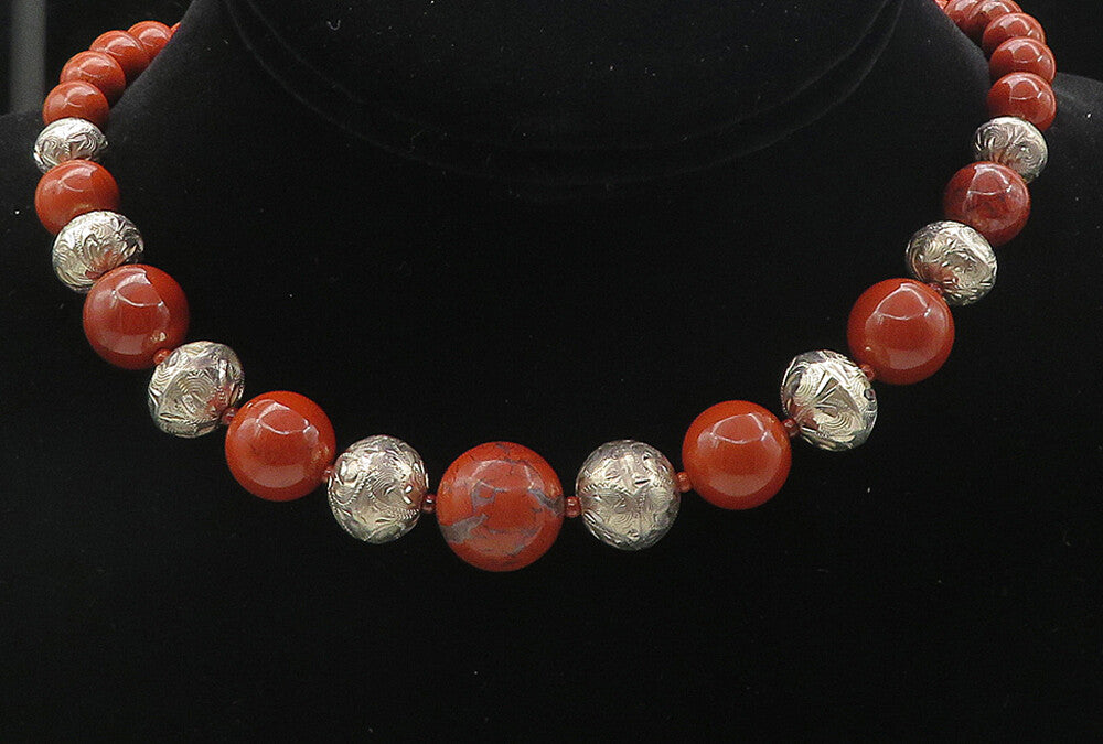 MERAV MEXICO 925 Silver  Vintage Jasper Beaded Pattern Chain Necklace  NE1503