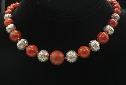 MERAV MEXICO 925 Silver  Vintage Jasper Beaded Pattern Chain Necklace  NE1503