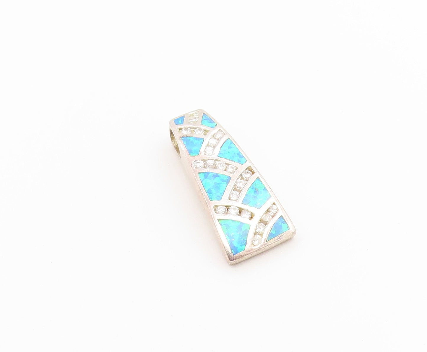925 Sterling Silver Vintage Pendant Fire Opal & CZ Geometric Inlay Charm PT26646