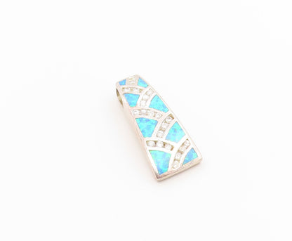 925 Sterling Silver Vintage Pendant Fire Opal & CZ Geometric Inlay Charm PT26646