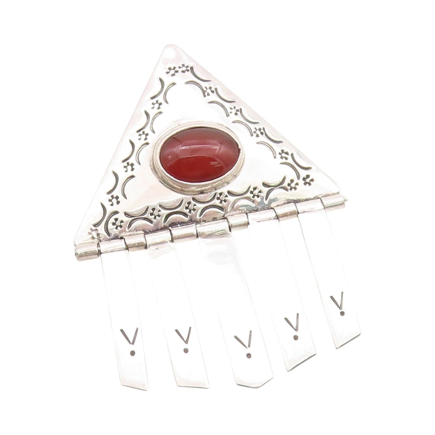 925 Sterling Silver Vintage Brooch Cabochon Carnelian Etched Triangle  BP11679