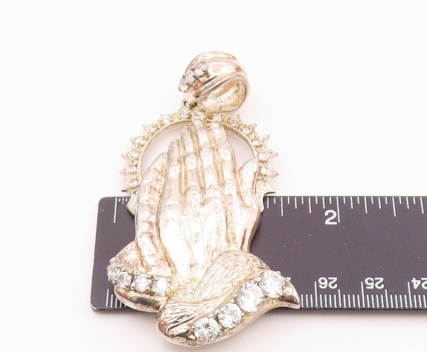 925 Silver  Vintage Cubic Zirconia Religious Prayer Hands Pendant  PT21018