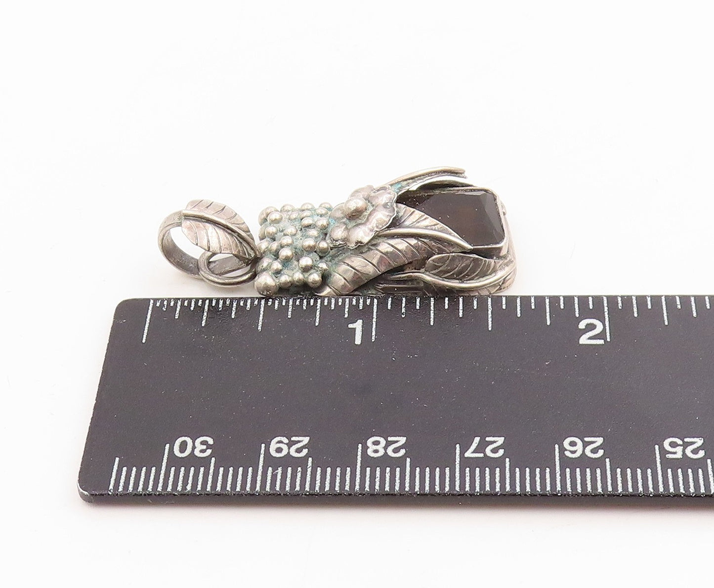 925 Sterling Silver Vintage Pendant Smoky Quartz Floral Leaf & Berries  PT25440