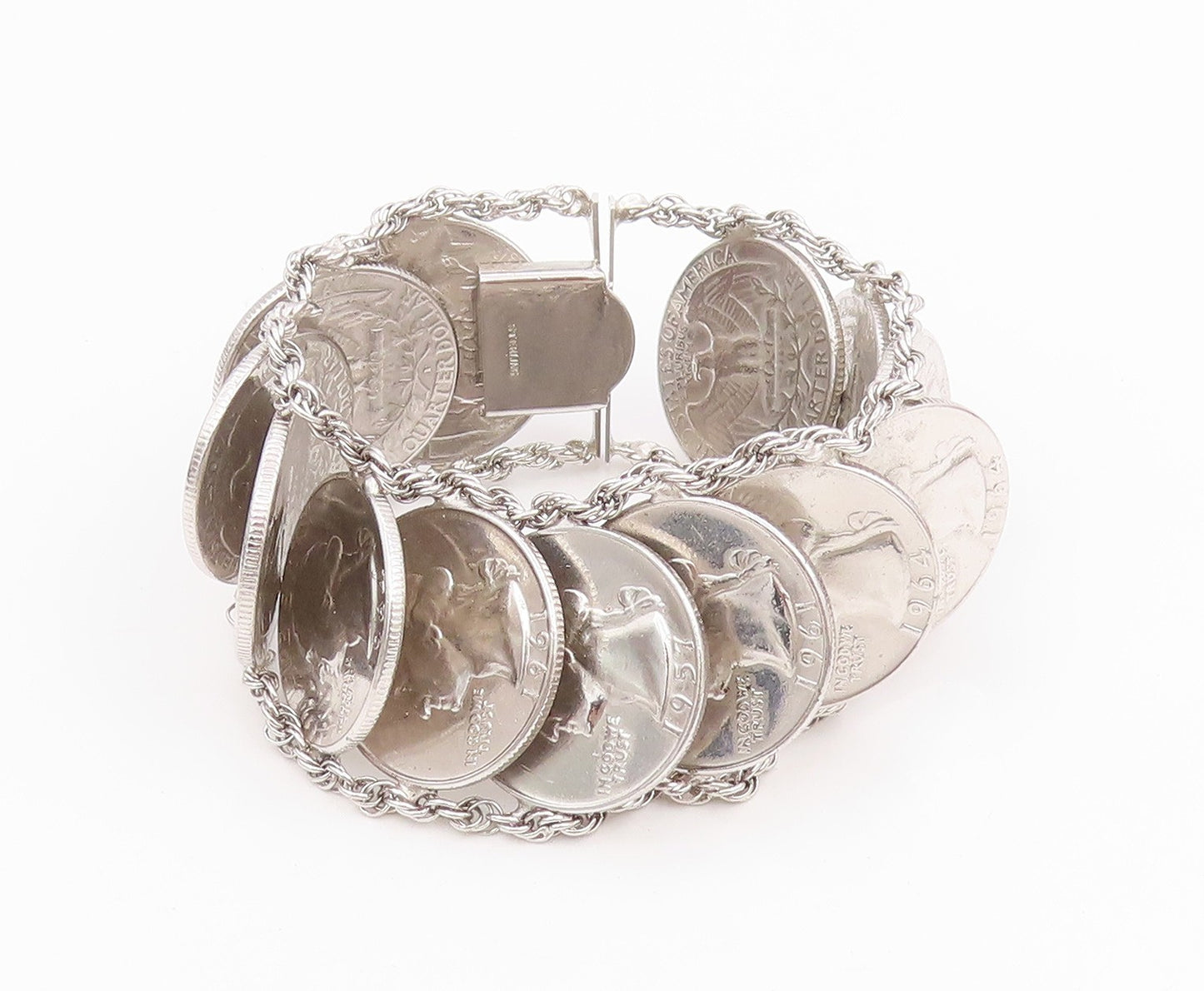 925 Sterling Silver Vintage Bracelet Solid US Quarter Dollar Coins Link  BT11626