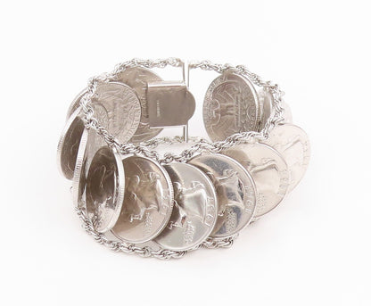 925 Sterling Silver Vintage Bracelet Solid US Quarter Dollar Coins Link  BT11626
