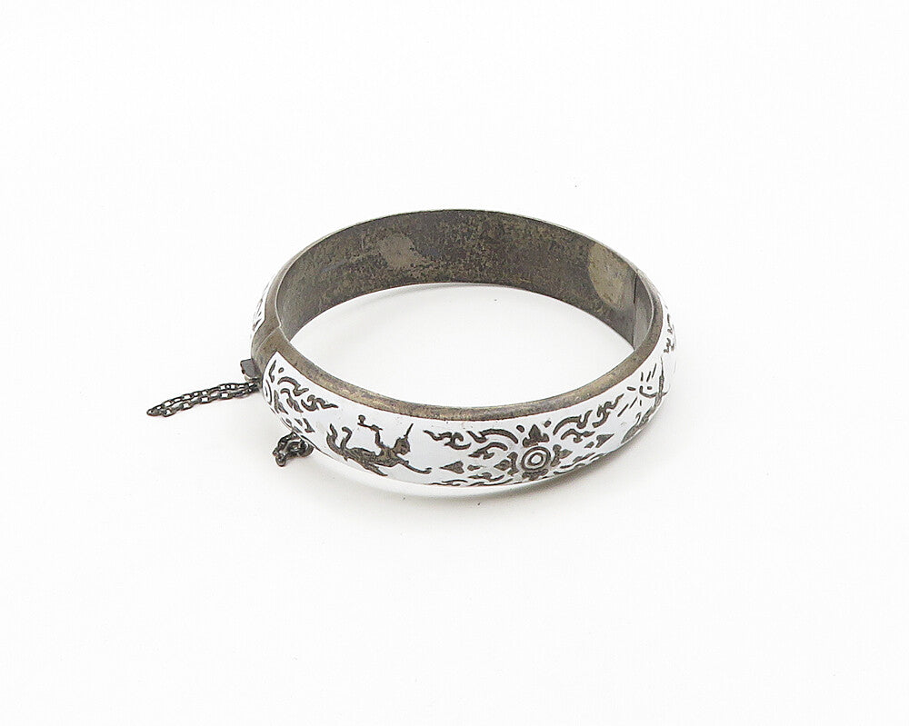 SIAM 925 Silver  Vintage Enamel Dragon Boat Dancer Bangle Bracelet  BT7311