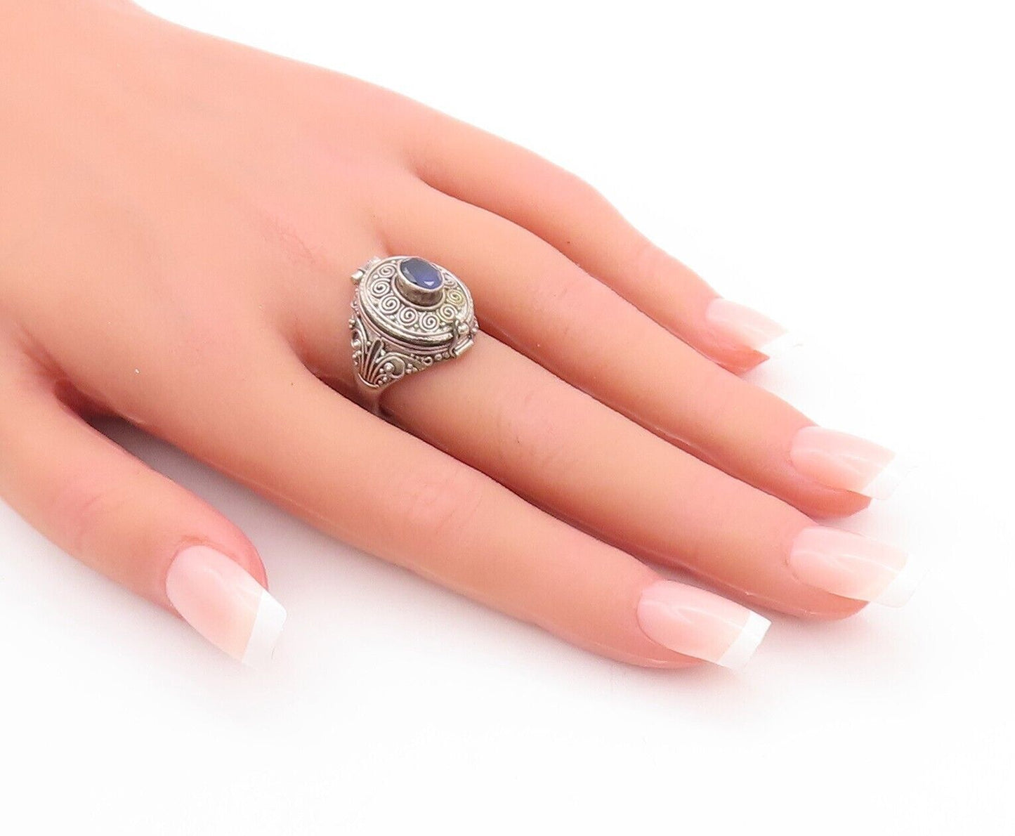 925 Sterling Silver Vintage Ring Spirals Carved Blue CZ (OPENS)  Sz 8  RG28629