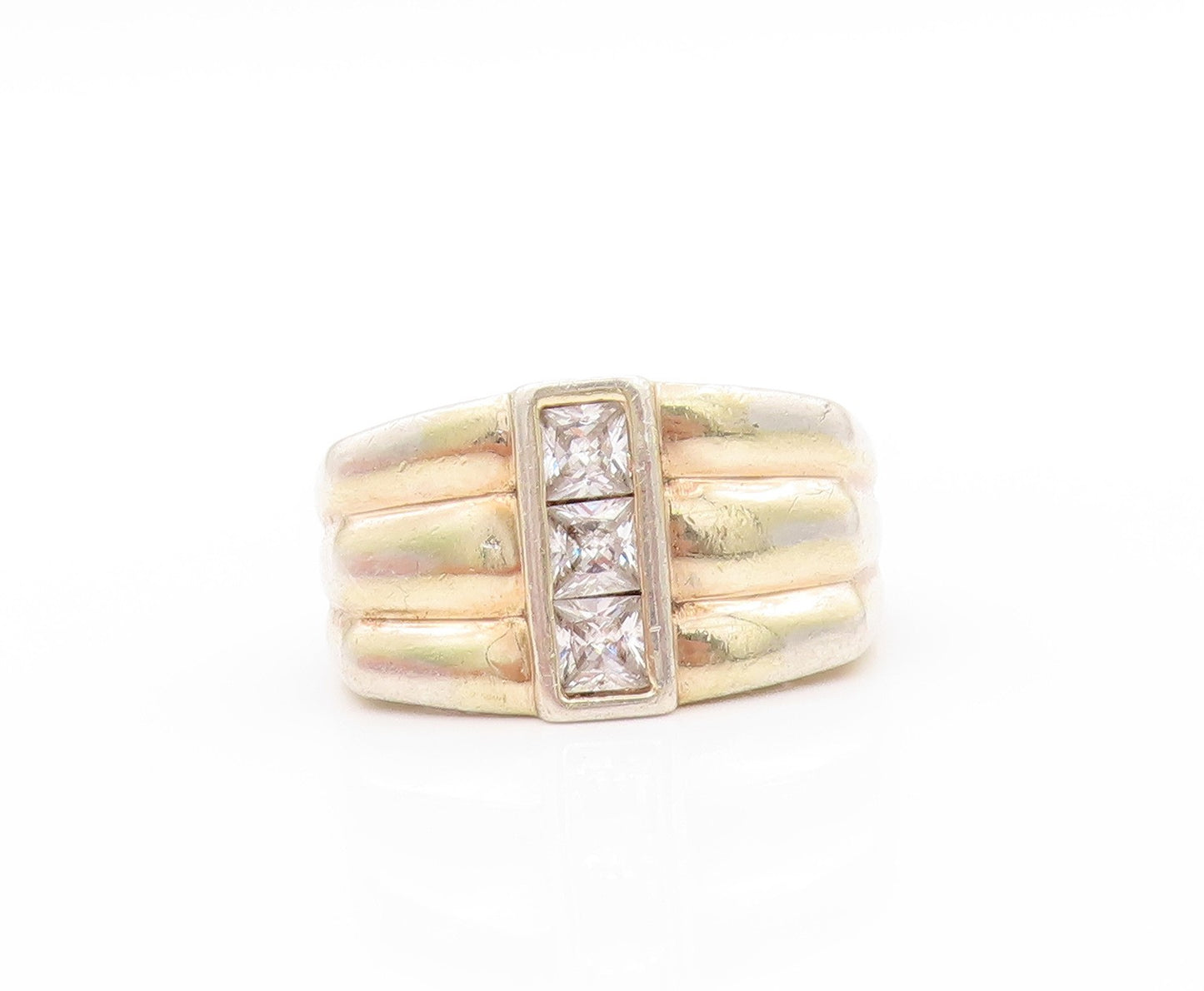 925 Sterling Silver Vintage Ring Gold Plated Square Cut CZ  Sz 8  RG32866