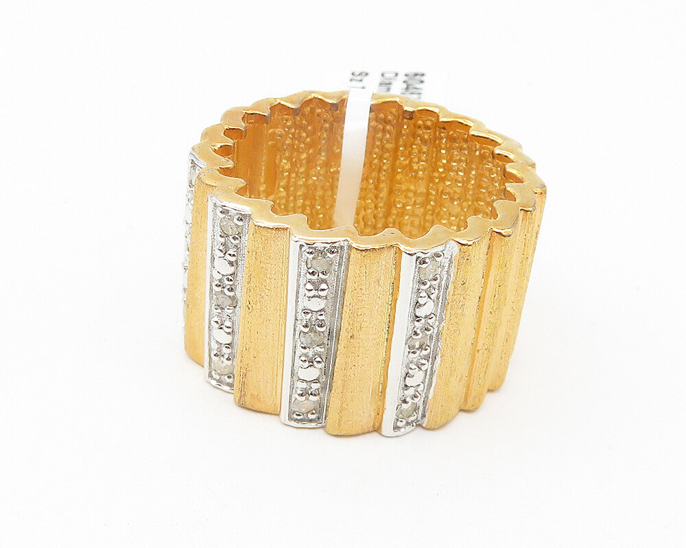 925 Sterling Silver  Genuine Diamonds Two Tone Fluted Band Ring Sz 7  RG11319