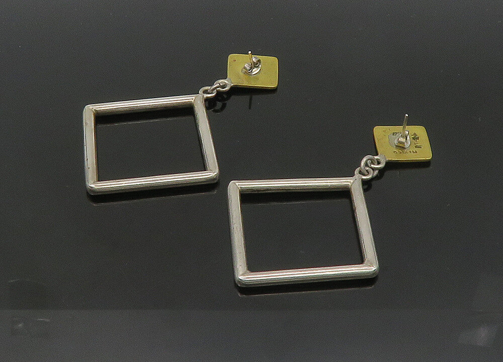 MEXICO 925 Silver  Vintage Heavy Open Square 2 Tone Dangle Earrings  EG10519
