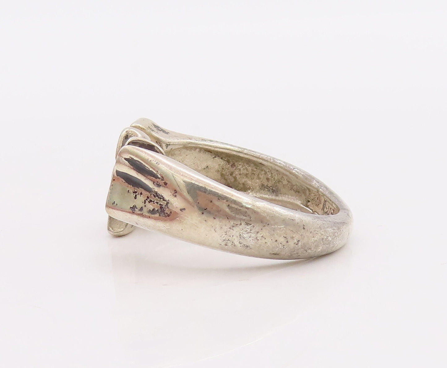 925 Sterling Silver Vintage Ring Solid Split Band Fish Carved  Sz 8  RG28955