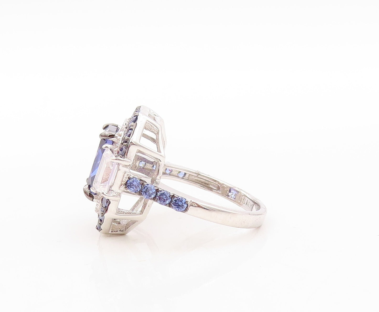 925 Sterling Silver Vintage Ring Designer Rectangle Sapphire & CZ  Sz 7  RG30893