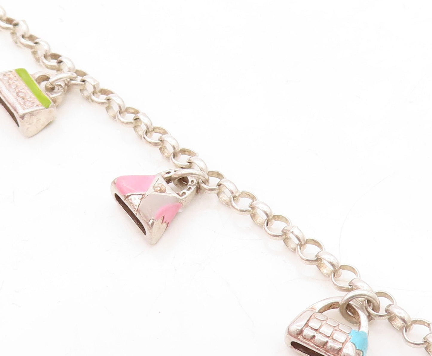 925 Sterling Silver  Vintage Enamel Handbag Charmed Chain Bracelet  BT3108