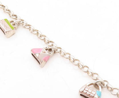925 Sterling Silver  Vintage Enamel Handbag Charmed Chain Bracelet  BT3108