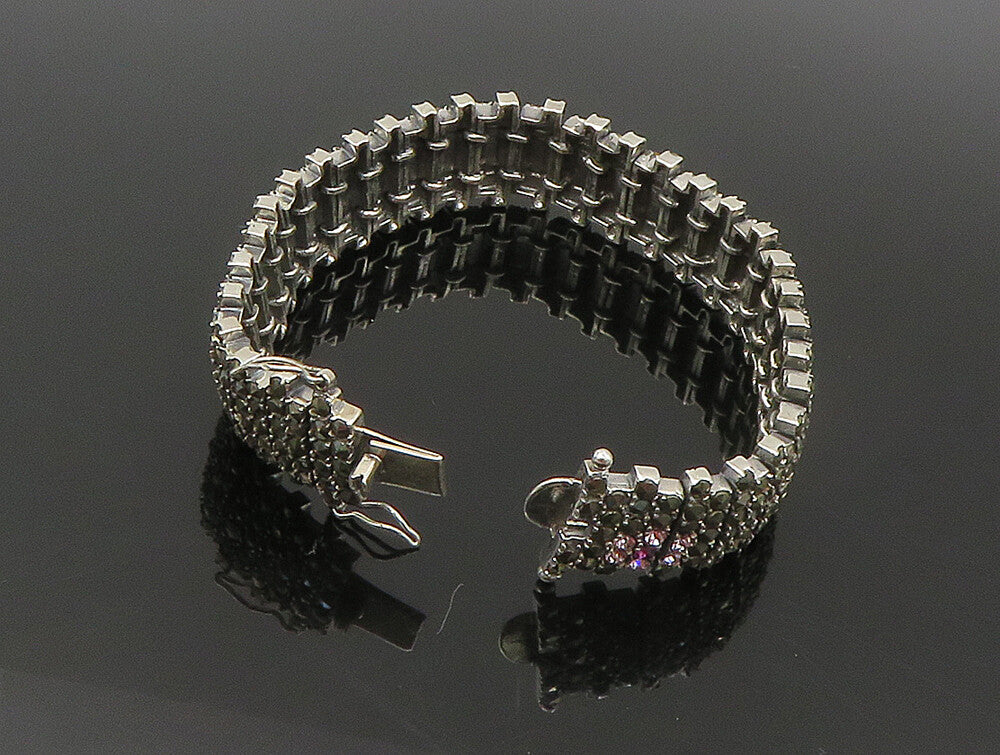 925 Sterling Silver  Topaz & Marcasite Floral Tennis Bracelet  BT1014