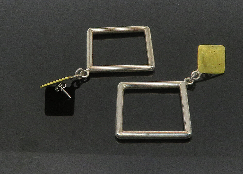 MEXICO 925 Silver  Vintage Heavy Open Square 2 Tone Dangle Earrings  EG10519