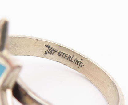 925 Sterling Silver Vintage Ring BELL Turquoise Geometric Flower Sz 7.5 RG35668