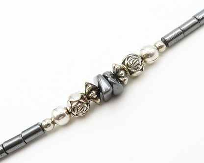925 Sterling Silver  Vintage Hematite Beaded Pattern Chain Necklace  NE2269