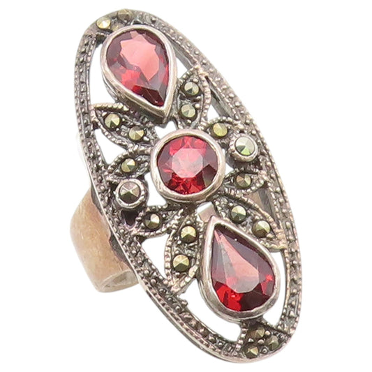 925 Sterling Silver Vintage Ring Garnet & Marcasite Open Flower  Sz 5.5  RG36932