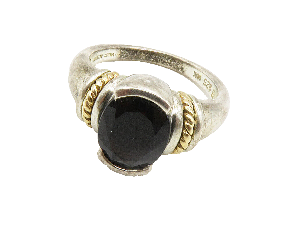 925 Sterling Silver & 14K GOLD  Vintage Black Hematite Band Ring Sz 7  RG14727