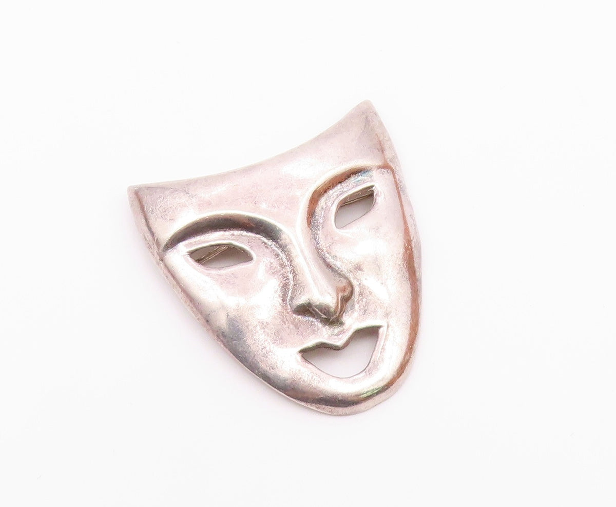 925 Sterling Silver  Vintage Shiny Drama Theater Mask Brooch Pin  BP7882