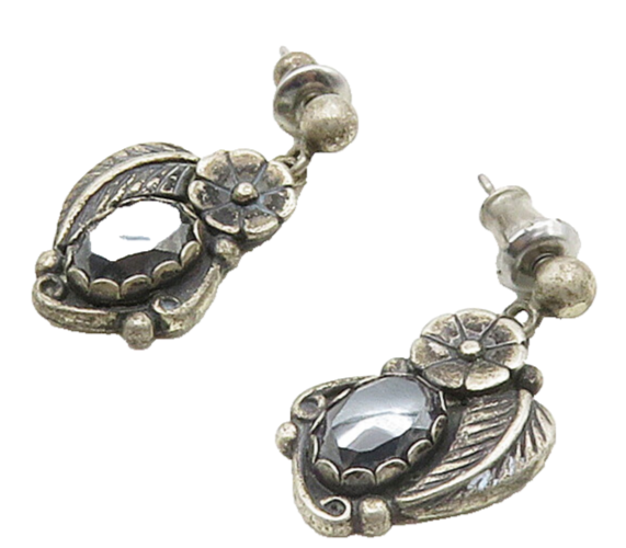 WHEELER 925 Silver  Vintage Hematite Floral Leaves Drop Earrings  EG8453