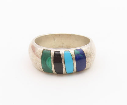 925 Sterling Silver Vintage Ring MEXICO Multi Gemstone Inlay Dome  Sz 9  RG36456