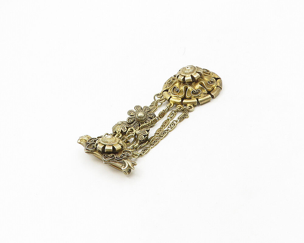 925 Sterling Silver  Vintage Floral Pretzel Swirl Chained Brooch Pin  BP7384
