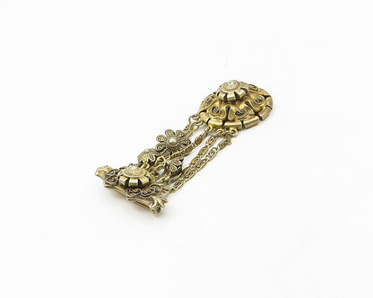 925 Sterling Silver  Vintage Floral Pretzel Swirl Chained Brooch Pin  BP7384