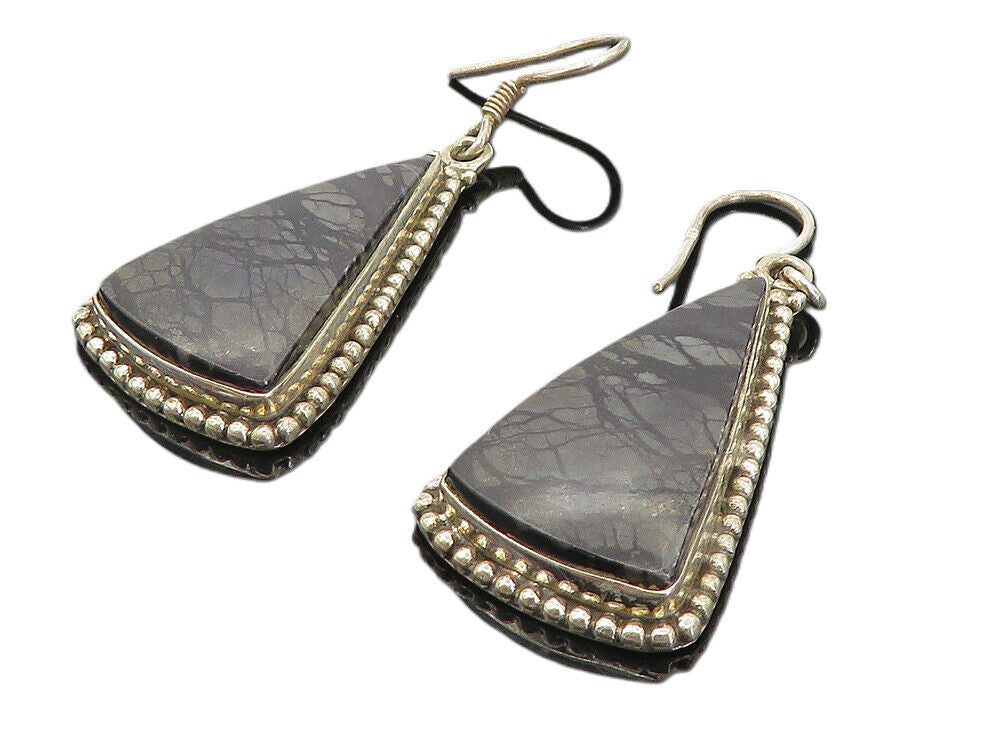 925 Sterling Silver  Vintage Black Jasper Triangle Dangle Earrings  EG3910
